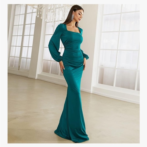 Long Lantern Sleeve Dark Green Mermaid Bodycon Square Neck Dress Sz Large NWT - Picture 3 of 8